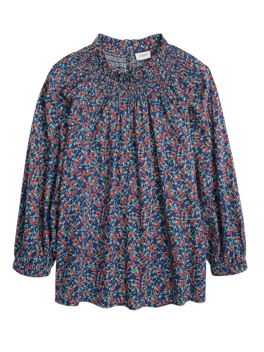 J. Crew Floral Smocked Neck Blouse Size Small Boho Long Sleeve Keyhole Back